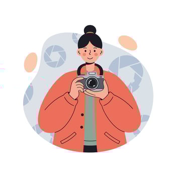 Woman holding camera taking photo with photography symbol background illustration vector