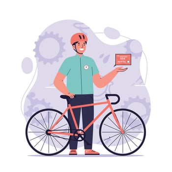 Male cyclist with orange bicycle holding red hotel key card in urban bike repair setting illustration vector