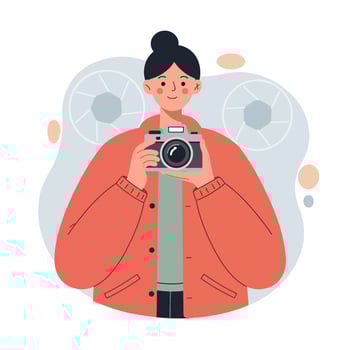 Woman holding camera taking photo in casual outfit with bun hair style illustration vector