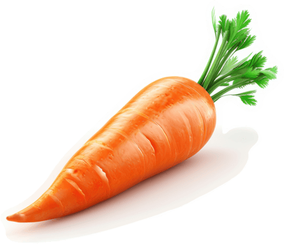 Single fresh orange carrot with green leaves. png