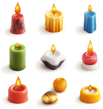 Colorful decorative candles in various shapes and colors. png