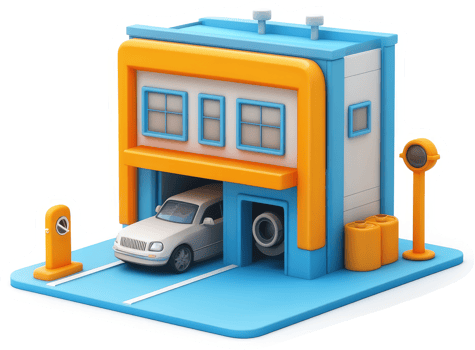 Colorful cartoon depiction of a modern automotive repair garage. png