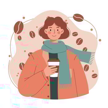 Woman enjoying coffee with scarf and jacket surrounded by coffee beans illustration vector