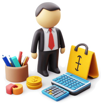 Businessperson with office supplies and financial tools. png