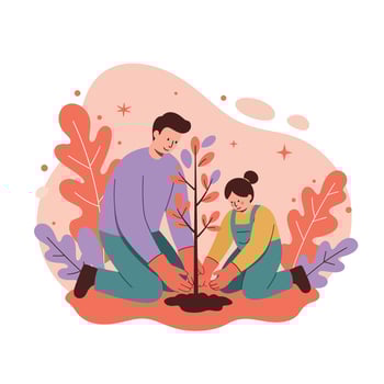 Father and daughter planting young tree together in garden with autumn leaves background illustration vector