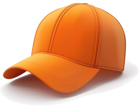 Vivid orange baseball cap angled in a 3D rendering. png