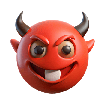 3D Red Devil Emoji , Glossy Cartoon Character with Golden Eyes and Mischievous Grin png