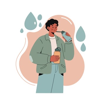 Young man drinking water from bottle with casual outfit and relaxed posture in illustration vector