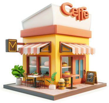 Colorful cartoon coffee shop facade with outdoor seating. png