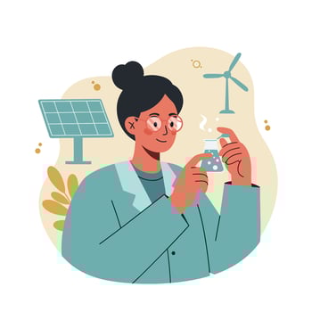 Female Environmental Scientist Conducting Renewable Energy Experiment with Solar Panel and Wind Turbine Illustration vector