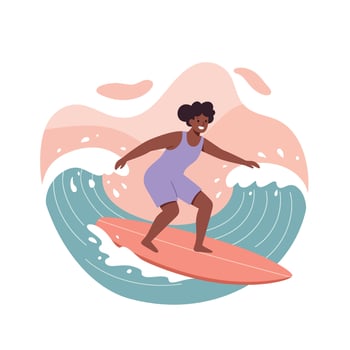 Woman surfing on ocean wave with pink surfboard and blue water in abstract background illustration vector