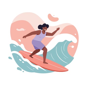 Woman surfing on ocean wave with purple outfit and pink surfboard active water sport illustration vector