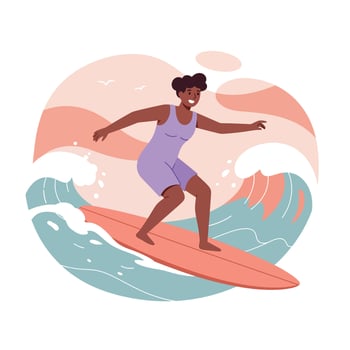 Woman surfing on ocean wave in purple outfit with sunset background illustration vector
