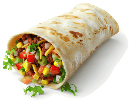 Deliciously filled burrito, bursting with flavor. png