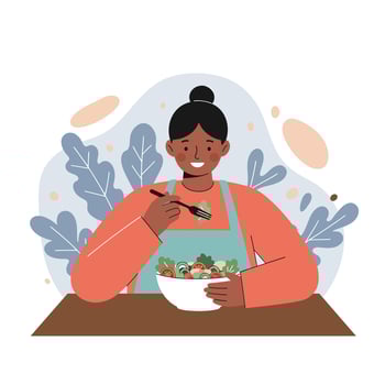Woman eating healthy vegetable salad bowl with leafy background and casual outfit illustration vector