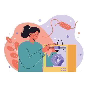 Woman using 3D printer creating geometric object with filament spool in background illustration vector