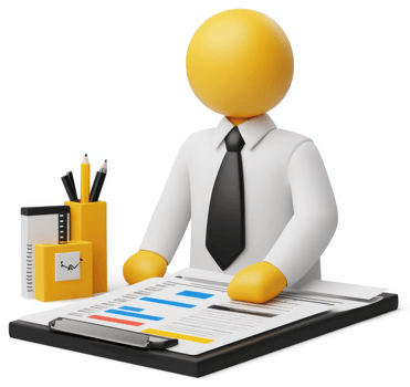 3D cartoon character reviewing a document on a clipboard. png