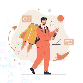 Businessman with jetpack flying forward using smartphone for productivity and innovation concept illustration vector