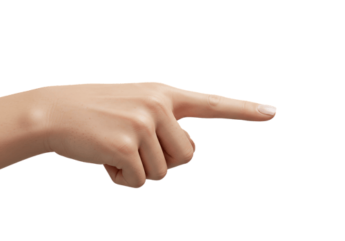 Realistic human hand pointing right with index finger extended, isolated on transparent background png