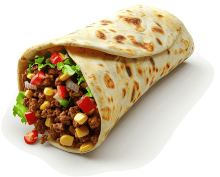 Deliciously filled beef burrito with vibrant toppings. png