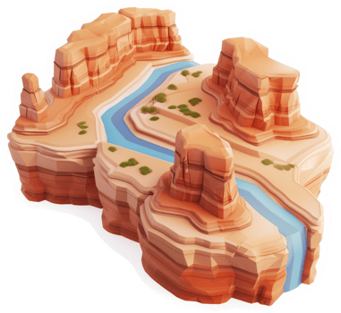 A stylized depiction of a canyon landscape. png