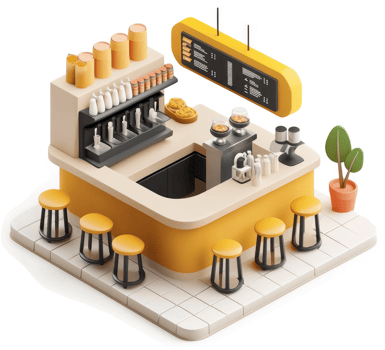 A stylized isometric representation of a cafe counter. png
