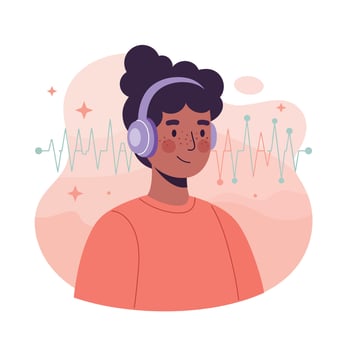 Young woman wearing headphones listening to music with soundwave background illustration vector
