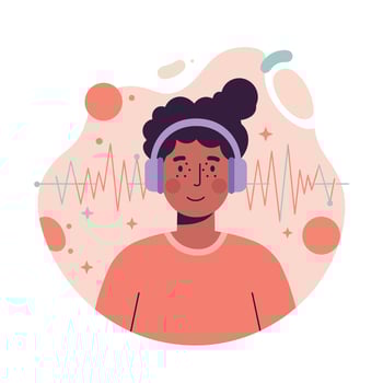 Young woman wearing headphones listening to music with sound wave background in illustration vector