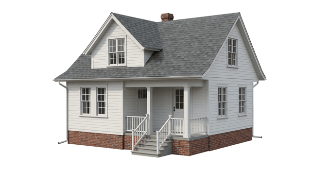 Classic white wooden house with steep gable roof, front porch, and brick foundation isolated on transparent background, cozy residential home. png