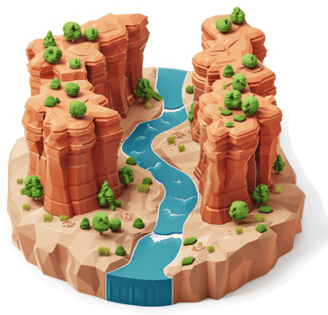 Stylized depiction of a canyon river landscape. png