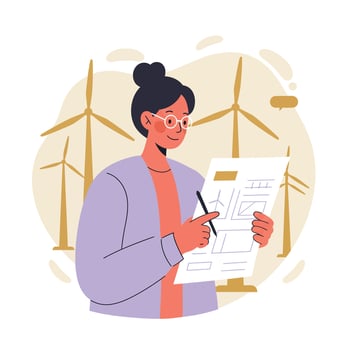 Woman reviewing renewable energy plans with wind turbines background illustration design vector