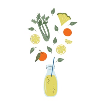 Healthy drink. Glass bottle with yellow beverage, fruits, vegetable and leaves. Tasty tropical juice or smoothie recipe. Hand drawn flat design illustration. vector