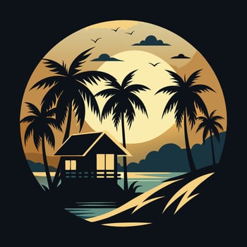 Tropical beach house sunset palm trees graphic illustration vector