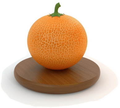 A single, round cantaloupe rests on a wooden plate. png