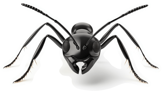 Black ant facing forward, with foreground objects. png
