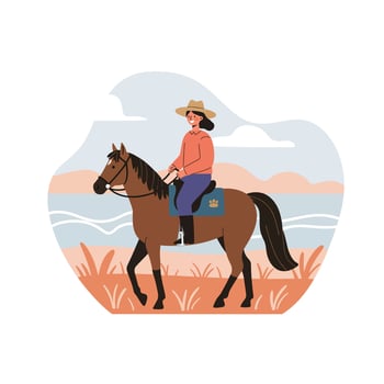 Woman horseback riding on brown horse in nature landscape with blue sky and grass illustration vector