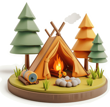 Cartoon camping scene with tent and campfire. png