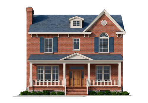 Classic two-story brick house with blue shutters and porch isolated on transparent background. png
