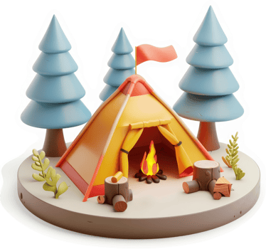 Colorful 3D camping scene with tent and campfire. png