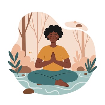 Young person meditating outdoors in autumn nature with calm expression and serene atmosphere illustration vector