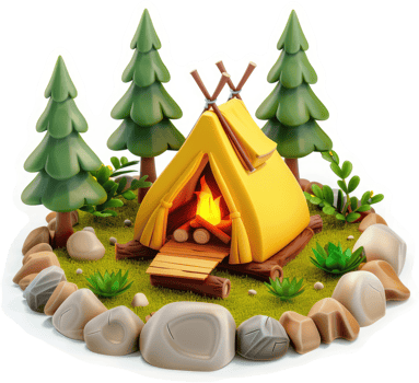 Cartoon camping scene with a cozy tent and fire. png