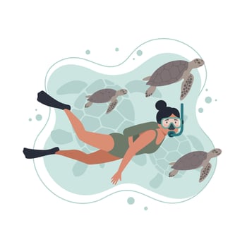Female snorkeler swimming underwater with sea turtles marine wildlife and ocean exploration illustration vector