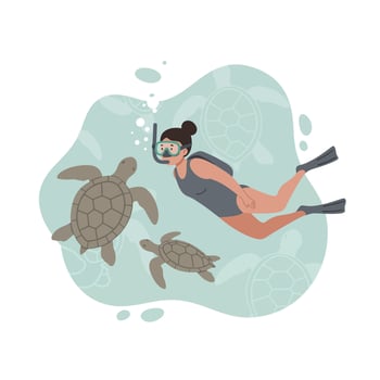 Woman snorkeling underwater swimming with sea turtles in marine environment illustration vector