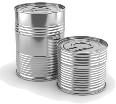 Two metallic food cans of differing sizes. png