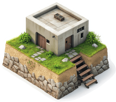 Elevated, light-beige concrete dwelling with terraced landscaping. png