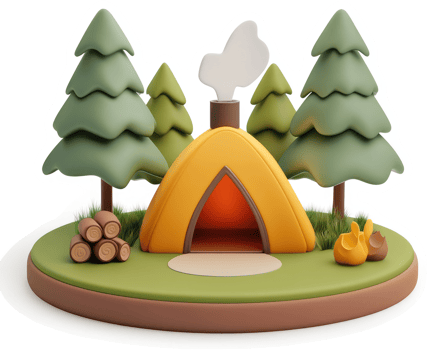 Cartoon camping scene on a circular island. png