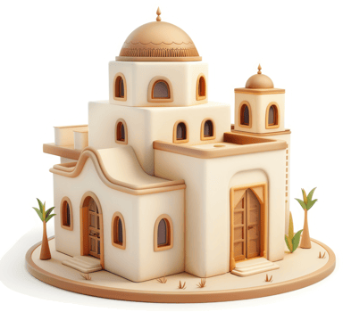 Beige, stylized, 3D model of an ornate Middle Eastern house. png
