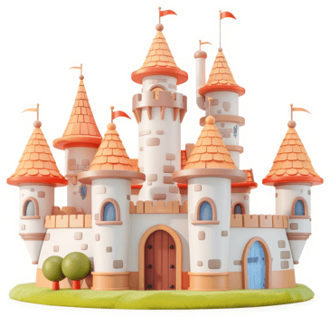 A whimsical, cartoonish castle illustration stands proudly. png
