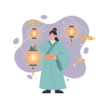 Woman in traditional kimono holding glowing paper lanterns with decorative clouds and stars illustration vector