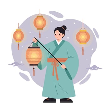 Woman in traditional Asian clothing holding lantern with hanging lanterns background illustration vector